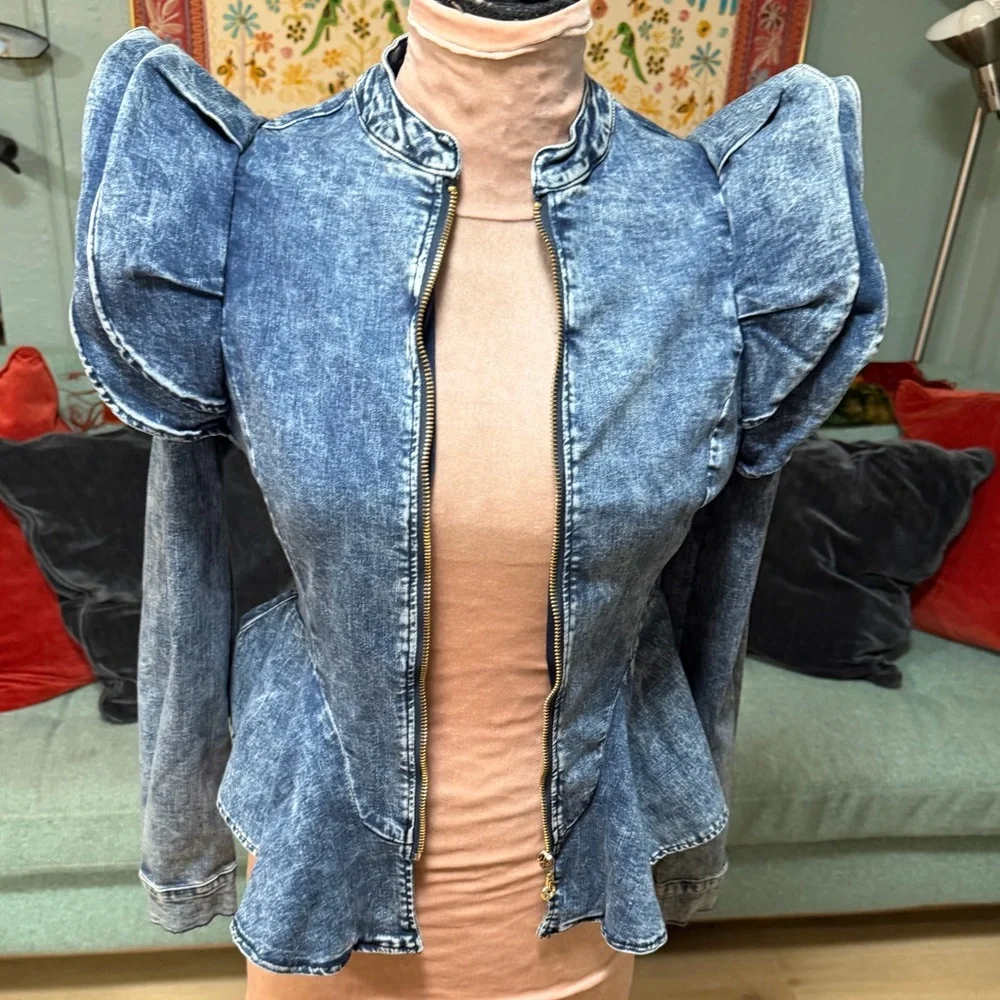 Vintage Blue Jean stretch Lady GaGa peplum feminine Jacket Small - Picture 6 of 13